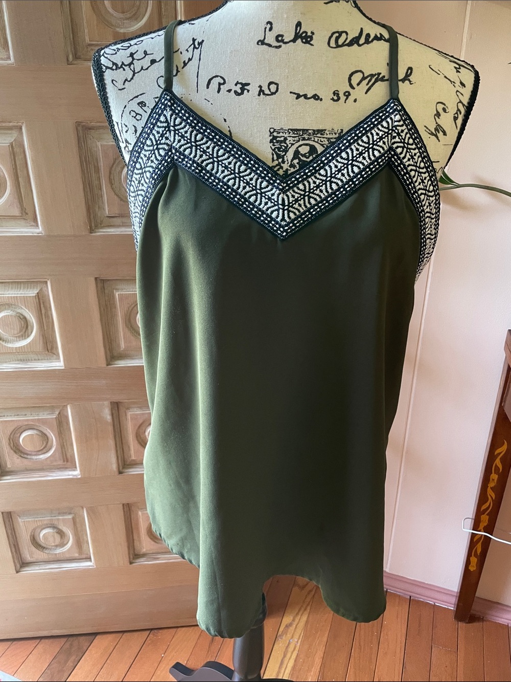 Amazon Olive Green Cami with Black-and-White Embroidered V-Neck